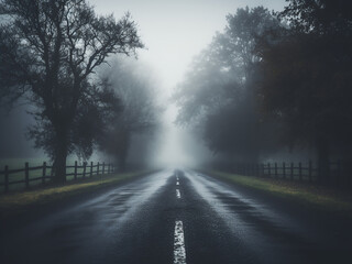 Soft focus captures the serene ambiance of a foggy morning road