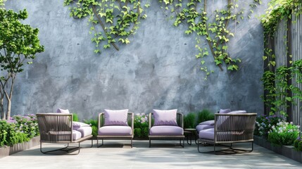 A light blue outdoor wall with a grey concrete texture in an elegant garden, featuring comfortable chairs and soft pastel purple cushions.  - Powered by Adobe