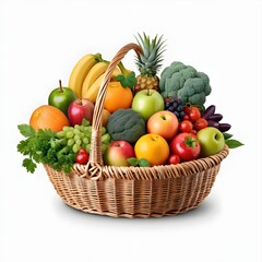 A big basket filled with various colorful fruits and vegetables isolated on white studio background.