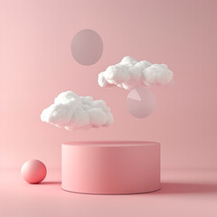 Background with clouds, pedestal, and space for the company logo in pastel pink tones.Minimal creative business,advertise and environment concept
