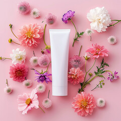white skincare product surrounded by vibrant flowers in pink and orange tones on the background. Trendy social mockup or wallpaper with copy Advertisement for subjects in the cosmetics industry.