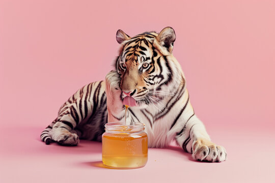 A tiger on a pink background eating honey from a jar.Minimal creative food concept.