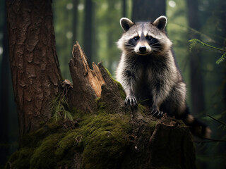 A vivid depiction of Lotar, the common raccoon, photographed in its entirety atop a tree trunk