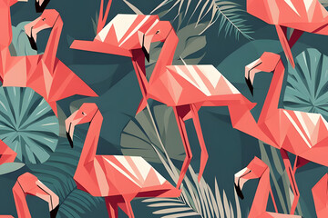 Naklejka premium A pink flamingo wades in a shallow pool of tropical fruits. Lush green palm trees line the background behind the flamingo and fruit. The flamingo is a type of greater flamingo. 