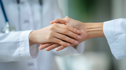 With a compassionate touch, the psychiatrist's hands rest gently on her patient's palm, symbolizing trust and compassion in the therapeutic relationship.