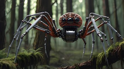 Robot spider spinning a web in the forest, Generative AI