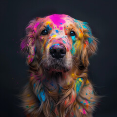 Golden retriever dog with a colorful powder splash.Minimal creative fun,party and nature concept