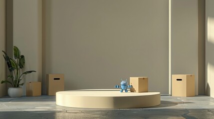 A round empty podium on the floor with cardboard boxes and two blue micro robots in front of it, photorealistic rendering