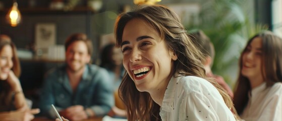 Group of people enjoying a casual meeting in a cozy cafe with natural light, laughing, and sharing moments of joy.