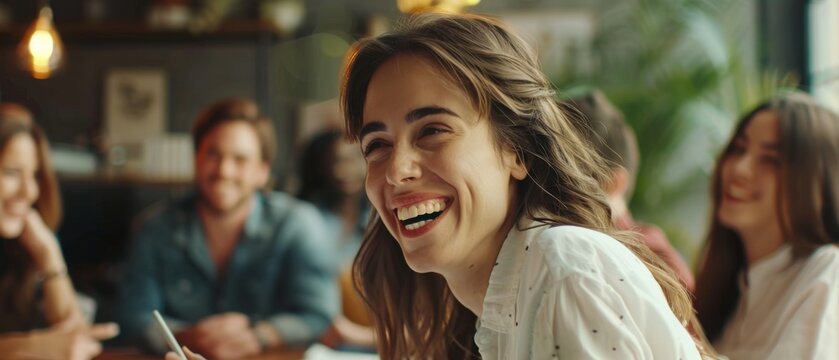 Group of people enjoying a casual meeting in a cozy cafe with natural light, laughing, and sharing moments of joy.