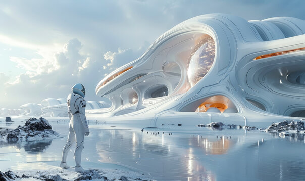 Futuristic Architectural Design with Astronaut Exploration in Sci-Fi Landscape Reflecting Modern Innovation and Advanced Technology