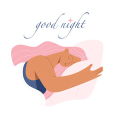 Vector illustration of sleeping woman girl isolated on white background with an inscription good night