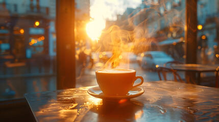 Evening Bliss: A Steaming Cup of Coffee in a Cozy Café