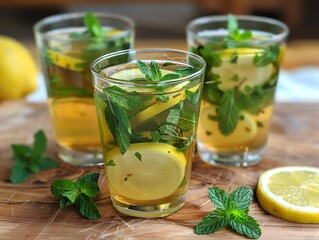 Healthy drinks, Refreshing iced tea with mint and lemon slices.