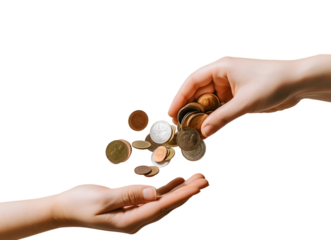 Une main dépose des pièces dans l'autre, illustrant l'acte de donner de l'argent sur fond transparent.