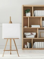 A white blank canvas on an easel leaning against the wall, next to it is a modern light wood bookcase with geometrical shaped boxes and books inside,