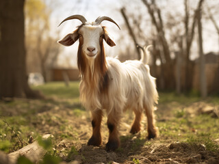Fototapeta premium Captured by AI, a joyful goat stands in a yard, symbolizing the cyclical Chinese calendar
