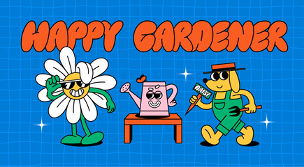 Set of Funny Characters in Garden. Retro Illustration of Cute Gardener, Daisy Flower Plant and Watering Can. Characters in Groovy Vintage Style. Garden, Gardener and Gardening Vector Stickers