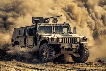 Military Vehicle in action through a cloud of dust