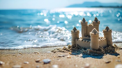 Small Sand Castle Basks In Sunshine On Beach Along Endless Ocean Waves