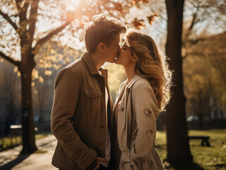 Fototapeta premium Affectionate couple shares a tender kiss in the park, basking in sunlight's warmth