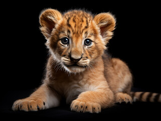 Obraz premium Isolated against black, a young lion cub exudes cuteness in a captivating pose