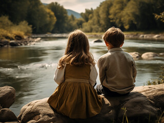 Brother and sister, captivated, stand by the riverside, cherishing the view
