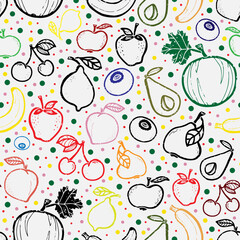 Texture doodle vegetables and fruits. Cartoon style. Hand drawn elements. Vector seamless overlapping pattern.