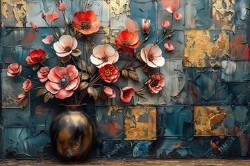 Abstract painting, metal element, texture background, flowers, plants, flowers in a vase