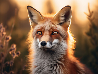 Fototapeta premium A red fox, Vulpes vulpes, silhouetted against a sunset