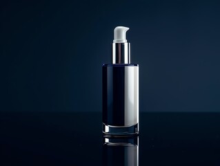 Naklejka premium Elegant black pump bottle with silver accents on dark background.