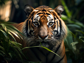 Within the depths of the jungle, a tiger's portrait captures primal essence