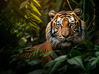 Fototapeta premium Enveloped by nature's splendor, a tiger's portrait captivates