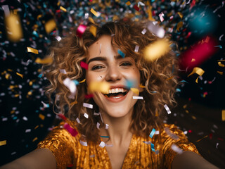 Jubilant amidst falling confetti, a young woman exudes joy
