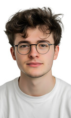 Fototapeta premium Un jeune homme européen portant des lunettes sur fond transparent.