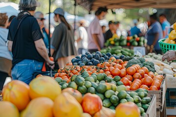 Fresh vegetables and fruits on display at a busy outdoor farmer's market