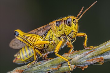 Fototapeta premium a large yellow grasshopper sitting on top of a green plant