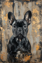 painting of french bulldog with gold foil, in the style of black and beige