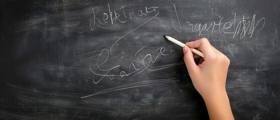 Hand writing on a chalkboard with chalk, featuring various scribbles and cursive letter practice. Education and learning concept.