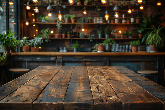 Empty rustic wood table and blurred soft light table in restaurant with bokeh background. product display template.Business presentation