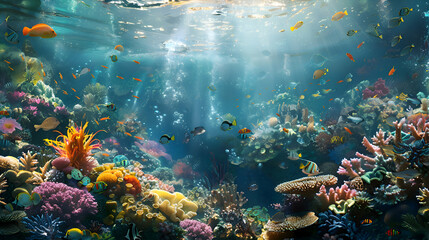 Naklejka premium A colorful coral reef teeming with marine life beneath the ocean surface
