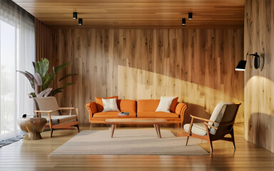 Interior living room with leather sofa and decor, generated ai