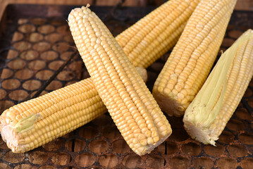 corn natural food healthy delicious vegan cooked green corn on wooden table