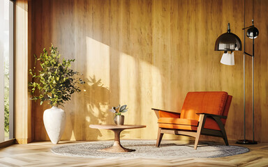 Interior living room with leather sofa and decor, generated ai