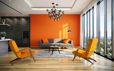 Modern Interior living room with leather sofa and decor, generated ai