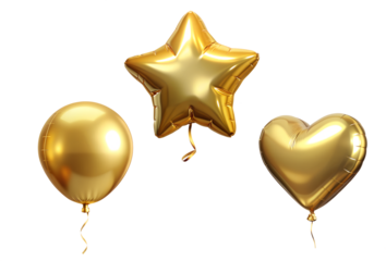 Foil gold 3d birthday metallic helium balloons of different shapes on transparent background. Heart, star and round ball shapes holidays and party decoration concept.