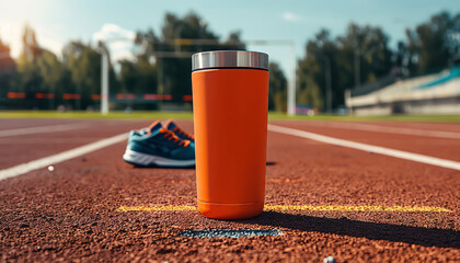 Orange water bottle on running track with sneakers in the background.