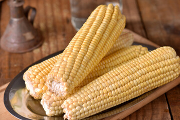 corn natural food healthy delicious vegan cooked green corn on wooden table