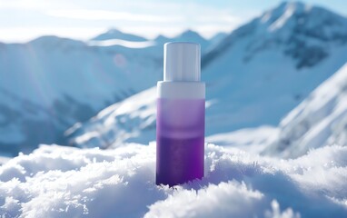 Purple skincare bottle on snow with mountain backdrop.