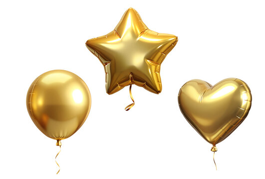 Fototapeta Foil gold 3d birthday metallic helium balloons of different shapes on transparent background. Heart, star and round ball shapes holidays and party decoration concept.